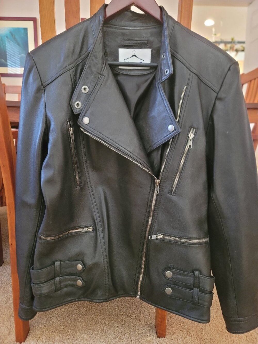 Women's Leather Moto Biker Jacket Black Verafit Size L Asym Zip Soft Leather